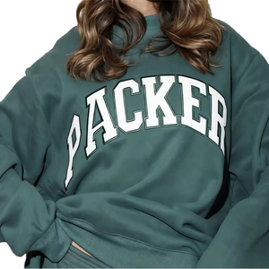 Sweat-shirt surdimensionné à col rond pour femme Packer, en coton vert tricoté, manches longues, imprimé lettres, décontracté, respirant, pour l'automne - Product Image 1