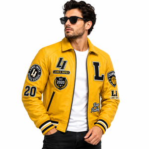แจ็คเก็ตหนังสีเหลืองแบบกำหนดเองสำหรับผู้ชาย แจ็คเก็ต Letterman Bomber พร้อมป้ายปักไหมพรม  ผู้ผลิต OEM ODM - Product Image 1
