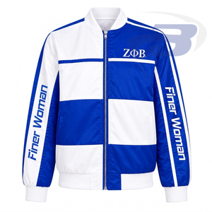 Zeta Phi Beta Sorority Finer Women Varsity <b>Jacket</b> Blue & <b>White</b> Color Block Zipper Front ZPB Logo Women's Baseball <b>Jacket</b> - Product Image 1