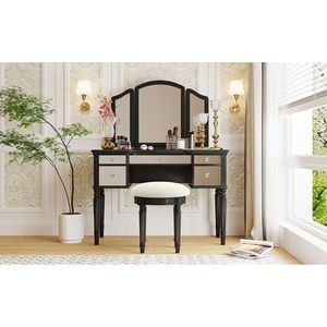 43\" Black Makeup Vanity Set for Bedroom <b>Dressing</b> Table with Mirrored Drawers and Stool Tri-Fold Mirror - Product Image 3