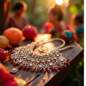 Conjunto de Collar Semibridal con Piedras Kundan Chapadas en Oro de 24K, BRIDAL COMBO 84 MAROON, Conjuntos de Joyería Fina para Novia - Product Image 3
