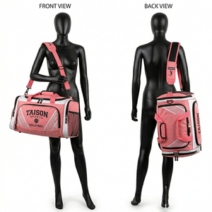 Bolsa Deportiva de Voleibol para Mujer, Premium, de Poliéster 600D, 320 GSM, Diseño con Paneles de Malla Rosa y Blanca, Logotipo Personalizado Impreso, Bolsa de Viaje Resistente - Product Image 1