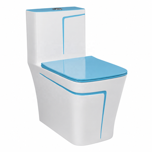 Inodoro Moderno de Una Pieza, Color Blanco con Línea Azul, Taza Redonda de Cerámica, Doble Descarga, Montaje en el Suelo - Product Image 1