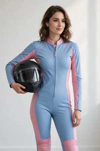 Women Leather Motorcycle Racing Suit Blue Pink Color Blocked Full Sleeve Windproof One Piece <b>Bodysuit</b> - Product Image 6