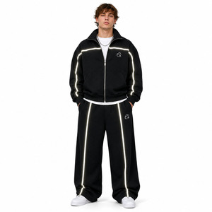 Custom Reflective Piping Boxy Oversized High Collar Hoodies Wide Leg Sweatpants Heavy Cotton Fleece Mock Neck Zip <b>Track</b> <b>Jacket</b> - Product Image 1