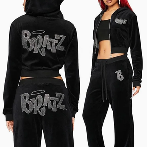 Ensemble deux pièces en velours pour femme : sweat à capuche et pantalon de jogging, imprimé strass diamant, collection automne-hiver - Product Image 1