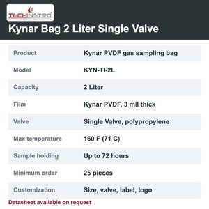 Bolsa de Muestreo de Gases TECHINSTRO Kynar de 2 Litros, Bolsa de Película de PVDF con Válvula Única a Prueba de Fugas para Muestreo de Olores VOC y Aire - Product Image 6