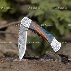 Pine Cone Handle OEM ODM Customizable Hand Engraved Damascus Steel Folding Knife with Leather Pouch Wholesale Factory Direct - Product Image 4
