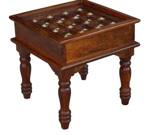 Vintage Carved Bedside <b>Table</b> with Metal Inlay | Antique Carved Top Wooden End <b>Table</b> for Living Room - Product Image 3