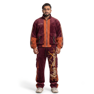 Survêtement streetwear personnalisé pour homme de la génération Z, col montant, veste en velours épais 430 GSM, pantalon cargo (tissu polyester) - Product Image 1
