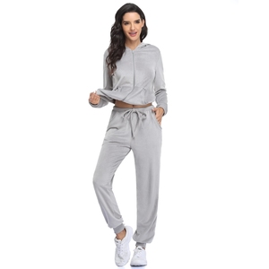 Chándal Ligero con Capucha para Mujer, Color Gris Sólido, Manga Larga, Cintura Elástica, Estilo Deportivo Informal, Ropa de Otoño - Product Image 1