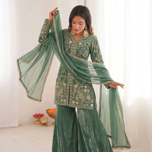 Traje Kurti Palazzo de Seda Fendy Premium con Bordado y Dupatta con Borde de Encaje – Ideal para Bodas y Fiestas - Product Image 1