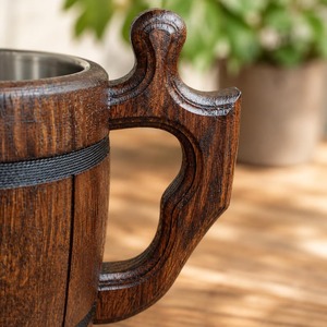 Mug à bière fait main, mug à café, tasse en bois et acier inoxydable, écologique, naturel, litres, onces, baril, marron - Product Image 3