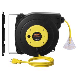 Avvolgicavo Elettrico Retrattile Professionale da 15 Metri (50 FT) con Cavo 14AWG/3C SJTOW, Presa Tripla Illuminata e Uscita a 13 Ampere - Product Image 1