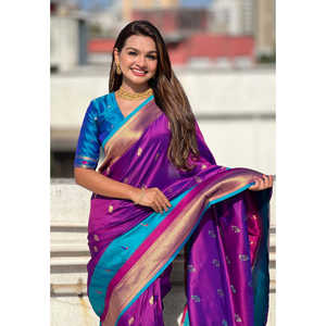 Sari en soie Paithani violette Elite Weaves avec bordure en satin Muniya, élégant, protection solaire, vêtements indiens et pakistanais - Product Image 2