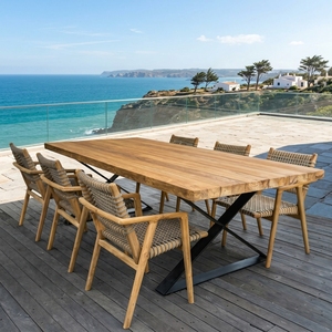 Solid teak wood garden dining <b>table</b> premium outdoor wooden <b>picnic</b> desk sturdy backyard patio metal legs furniture z frame design - Product Image 3