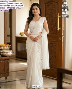 Sari beige brodé Grace pour femmes - Tenue de fête traditionnelle - Product Image 2