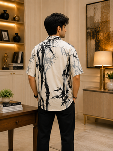 Chemise à manches courtes pour homme en coton à imprimé floral de feuilles de bambou, col rabattu, boutons sur le devant, couleur blanche, coupe décontractée, vêtement de luxe - Product Image 4