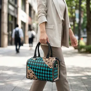 Genuine Leather Vintage <b>Handbag</b> Diamond Lattice Pattern Two Handles Zipper Closure for Women Office Outdoor Use Large Capacity - Product Image 2