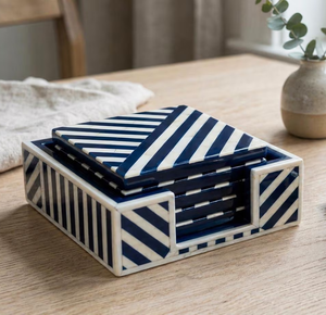Sous-verres rectangulaires en os incrusté avec motif géométrique étoilé vert et blanc - Product Image 5