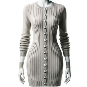 <b>Women</b> Rib Knit Button Front Pullover <b>Dress</b> Full Sleeve Crew Neck Mini Length 100% Acrylic Elegant Winter Style - Product Image 3