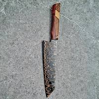 Couteau de chef japonais de 8 pouces en cuivre damas, cœur VG10, manche en bois stabilisé, logo personnalisé, étui en cuir fait main