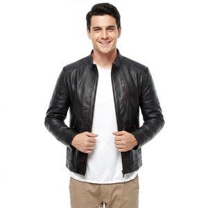 High Quality Coated Stand Collar Windproof Casual Streetwear <b>Jacket</b> for <b>Men</b> Custom Genuine <b>Leather</b> Autumn Fashion - Product Image 3