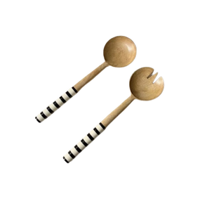 Ensemble de saladiers en bois uniques avec poignée rayée, design minimaliste, couverts réutilisables pour la restauration et la maison, couverts de luxe - Product Image 1