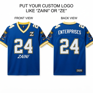 Men American Football Jersey 160 GSM Polyester Mesh Royal Blue <b>Gold</b> Trim Custom Logo Tackle Twill Number Name Printing Team Wear - Product Image 1