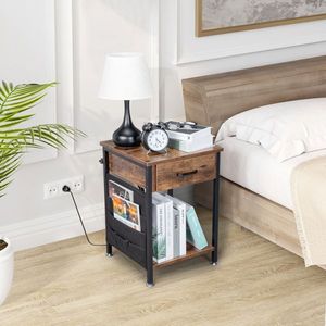 Comodino Antico in Truciolato Effetto Legno con Tubo in Ferro Nero Triamine e Borsa Portaoggetti Rimovibile in Feltro, Lato 1.5" - Product Image 2
