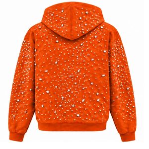 Bright Orange Pearl <b>Zip</b>-Up <b>Hoodie</b> Pearl Studded Streetwear Winter Jacket Long Sleeve Casual Oversized Fleece Front <b>Pockets</b> - Product Image 2
