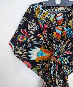 Robe Kaftan Vintage pour Femme, Imprimé Floral, Dentelle, Col en V, Manches 3/4, Lavable, Longueur Genou, 240g, 100% Coton, Coupe Ample Évasée - Product Image 1