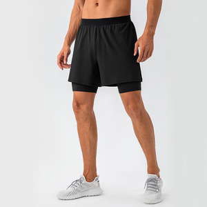 Loose Breathable Casual Running Fitness Eco-Friendly 100% Cotton Solid Color Double <b>Layer</b> Men's Sports Shorts - Product Image 1
