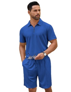 Ensemble polo et short pour homme, imprimé floral bleu, respirant, en molleton 220g, tricoté 100% polyester, vêtements décontractés d'été, col polo - Product Image 1