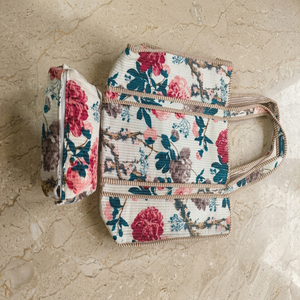 Large Floral Print Eco-Friendly Stylish Women's Tote <b>Bag</b> Blue <b>Quilted</b> Open Closure Daily Shopping <b>Bag</b> With Small Cotton Pouches - Product Image 3
