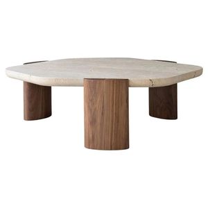 Table basse ronde en travertin, best-seller, avec base en bois, table centrale de luxe, design de meubles pour la maison, table basse ronde moderne en marbre - Product Image 5