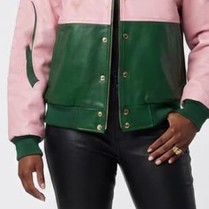 Veste en cuir PU rose et vert personnalisée pour sororité – Col montant à boutons-pression, respirante, vente en gros, fabricant, marque privée - Product Image 6