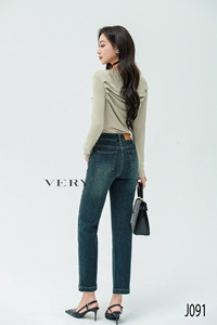 Pantalones vaqueros ajustados de pierna recta de estilo Vintage de cintura alta para mujer Pantalones tejidos formales de patrón sólido para la vida informal de primavera - Product Image 3