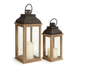 Hot Selling Home Decoration Glass and Stainless Steel Decorative Luxury <b>Set</b> of 2Pcs Wooden <b>Lantern</b> Matt Black Finished - Product Image 1