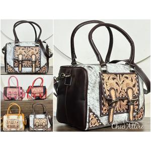 Bolso de mano estilo Speedy de cuero repujado a mano de piel de vaca occidental para mujer, bandolera de cuero con pelo, bolsos de lona medianos - Product Image 1