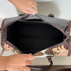 Genuine Cowhide <b>Leather</b> 15 Inch Zipper Closure Eco-Friendly Speedy Women's Floral Design Carved Western Crossbody Satchel Purse - Product Image 6