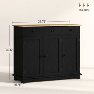 Mobiletto da Cucina Nero con 3 Cassetti e Ante Regolabili, Piano in Legno, Credenza per Bar o Angolo Caffè - Product Image 3