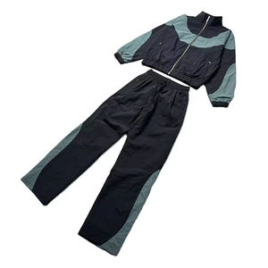 <b>Men's</b> Black Green Color Blocking Track Suit Regular Fit Sporty Zipper Closure Autumn Wear Breathable Polyester <b>Jacket</b> Pants Set - Product Image 1