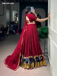 Good Quality Rayon with MultiColor Printed Border Embossed Lace Flared <b>Red</b> <b>Lehenga</b>-Readymade Blouse Set Worldwide Supplier - Product Image 4