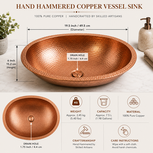 Lavabo de Cobre Ovalado Martillado Hecho a Mano para Baño, Lavabo Empotrable para Hogar y Hotel, Fabricante Mayorista OEM ODM - Product Image 6