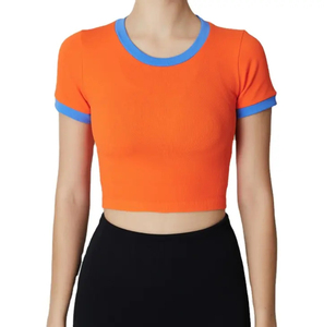 เสื้อครอปท็อปสีขาวสำหรับผู้หญิง แขนสั้น คอกลม ทรงเข้ารูป ผ้าถักผสมสแปนเด็กซ์และคอตตอน สวมใส่สบายๆ สำหรับฤดูใบไม้ผลิและฤดูร้อน ระบายอากาศได้ดี สีพื้น - Product Image 5