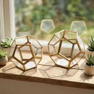 Artisan Design Handmade Geometric Brass <b>Tea</b> <b>Light</b> <b>Holder</b> with Glass and Mirror Panels for Home Decoration - Product Image 3
