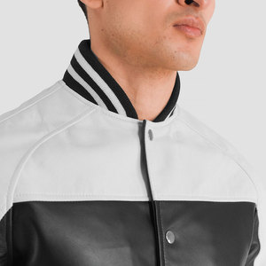 Chaqueta Bomber de Cuero PU para Hombre, Color Negro y Blanco, Cuello Camisero, Cierre de Botones, Estilo Casual para Otoño - Product Image 5