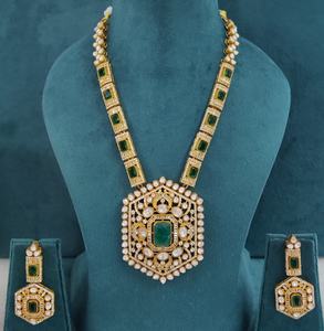 Conjunto de collar largo de latón con piedras dobles de moissanita Polki, diseño hermoso, estilo real, perfecto para fiestas y ocasiones festivas. - Product Image 3