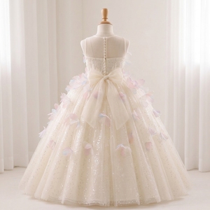 Robe de demoiselle d'honneur Etherelle de luxe en tulle et satin ivoire scintillant, longue jusqu'au sol, faite à la main, avec des papillons 3D, robe de princesse florale pour filles - Product Image 3